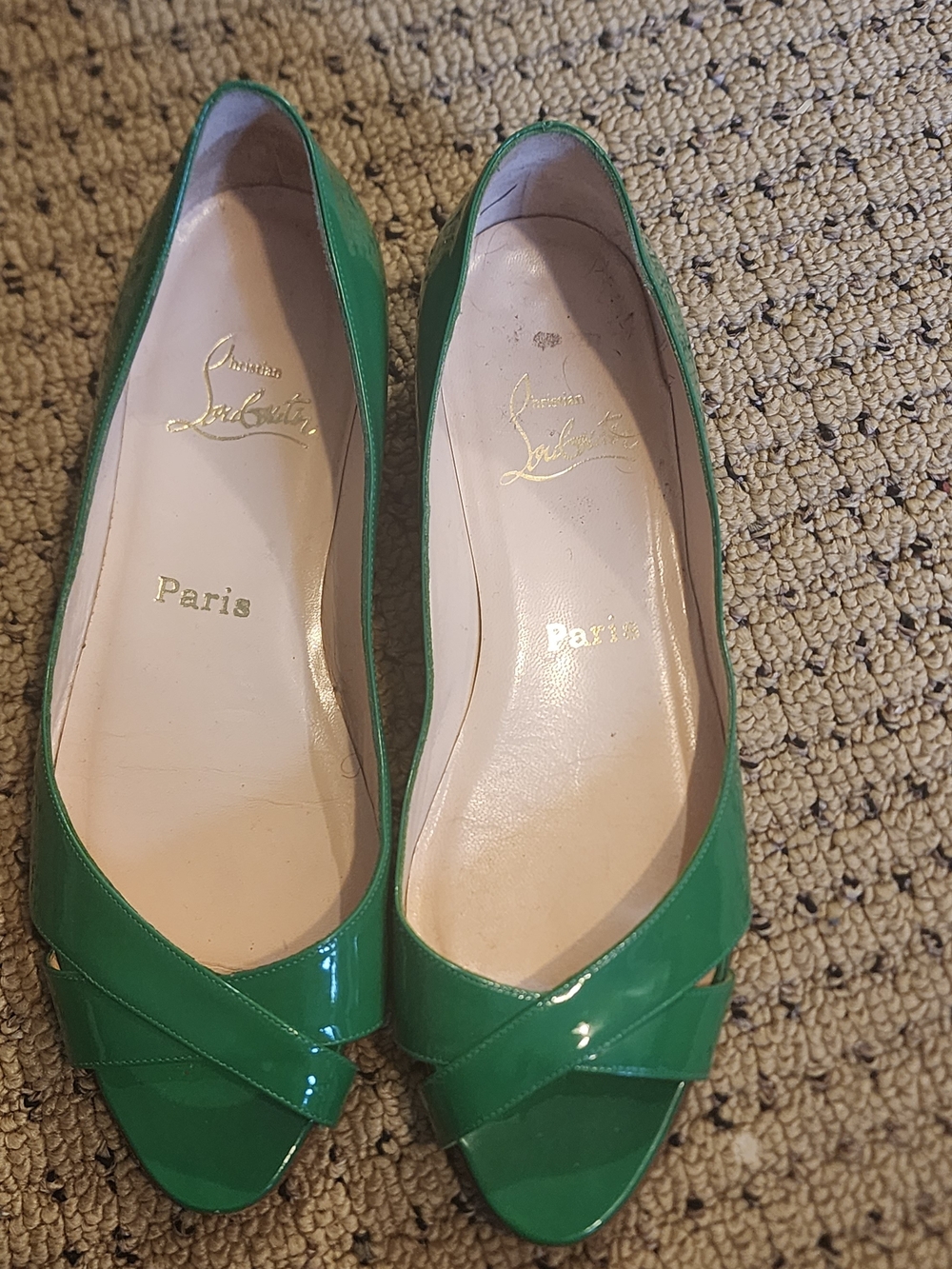 Christian Louboutin Green Patent Leather Peep-Toe Flats